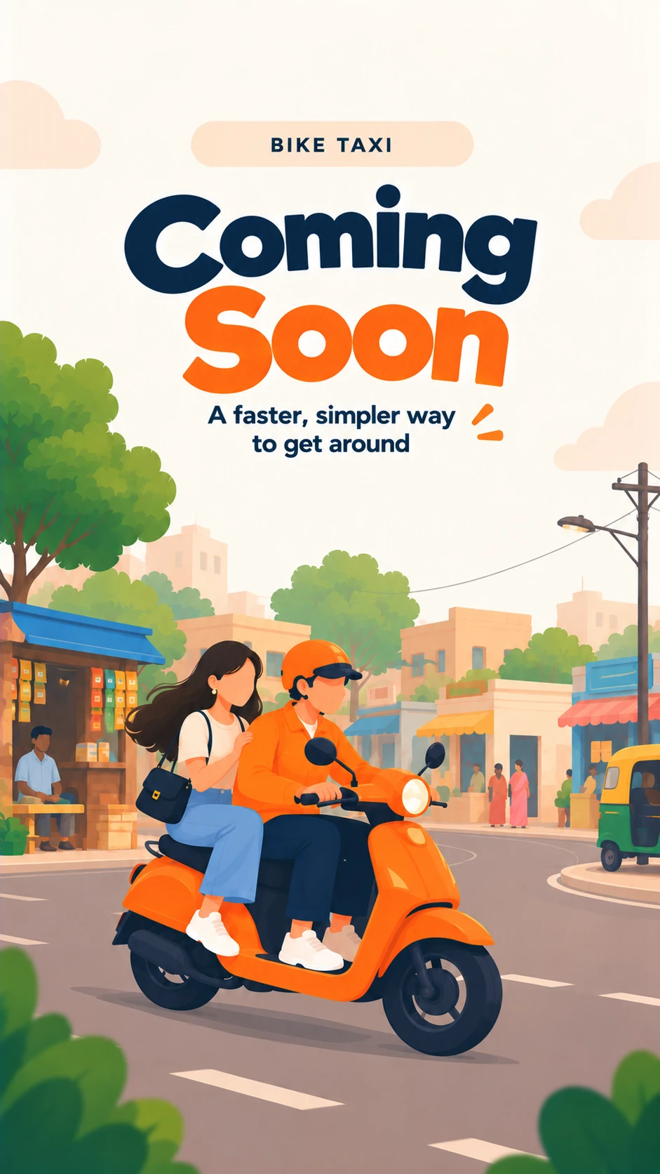 A Furtilo bike taxi rider with a passenger on an orange scooter